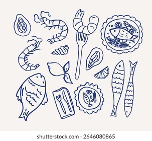 Whimsical hand drawn line art set of illustrations with different seafood with fish, shrimp, oysters, a lemon, and utensils, showcasing vibrant culinary options. Vector outline illustration