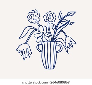 Whimsical hand drawn line art of decorative vase with arrangement of flowers. Different floral shapes and leaves. Wedding invitation decor. Vector outline illustration
