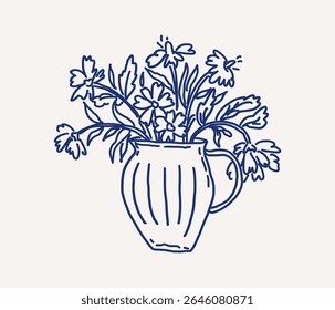 Whimsical hand drawn line art vase with delicate flowers. Floral arrangement features various blooms. Wedding decor. Vector outline illustration