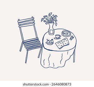 Whimsical hand drawn line art wedding dinner table settings with  tablecloth, a floral vase, dessert, a cup, and a menu. A leaning chair sits beside the table. Vector outline illustration