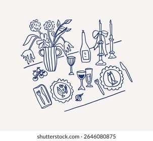 Whimsical hand drawn line art dinner table settings with vase with flowers, candles, wine, and plates. Wedding celebration. Vector outline illustration