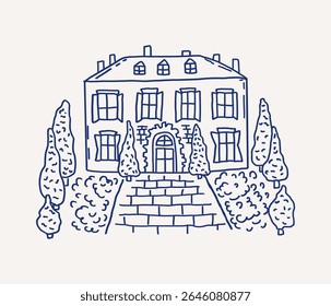 Caprichosa mão desenhada linha arte do encantador casamento casa mediterrânea. Residência de moradia são árvores bem aparadas e um caminho de pedra. Ilustração de contorno de vetor