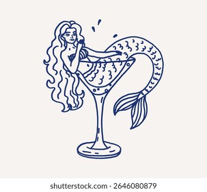 Whimsical hand drawn line art mermaid lounges in a large cocktail glass. Flowing hair and a sparkling tail coastal sea mediterranean creature. Vector outline illustration