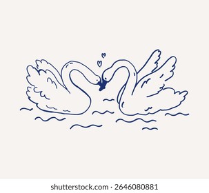 Whimsical hand drawn line art of two elegant swans birds gently swim towards each other. Vector outline illustration