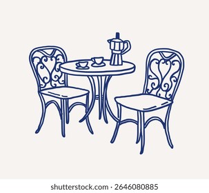 Caprichosa mão desenhada linha arte duas cadeiras elegantes flanco uma mesa redonda, elegantemente definido para o café. Uma cafeteira fica no centro, preparando-se para uma reunião acolhedora no charmoso café. Ilustração de contorno de vetor