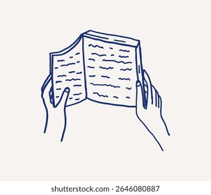 Whimsical hand drawn line art of hands holding open book. Reading library. Vector outline illustration