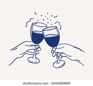 Caprichosa mão desenhada linha arte de duas mãos segurando elegantes objetos de vidro cheios de coquetéis que se ligam em brinde alegre. Decoração de casamento ocasião festiva. Ilustração de contorno de vetor