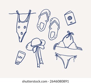 Whimsical hand drawn line art collection of summer essentials featuring bikinis, sandals, passport and sunscreen. Fun beach vacation under the sun. Vector outline illustration
