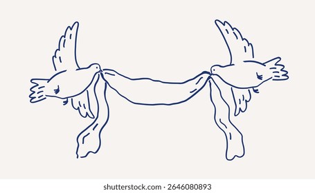 Whimsical hand drawn line art two pigeons holding a long banner with their beaks. Wedding decor for invitation card template. Vector outline illustration