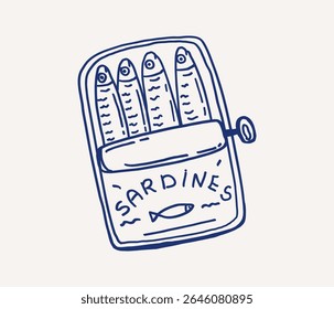 Whimsical hand drawn line art can of sardines with four fish neatly arranged inside. Mediterranean canned seafood. Vector outline illustration