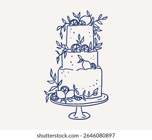 Whimsical hand drawn line art cake with lemons and green leaves, perfect for a summer wedding mediterranean celebration. Vector outline illustration