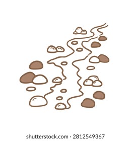 A whimsical hand drawn line art illustration featuring a winding riverbed with various smooth stones and pebbles scattered along the water path