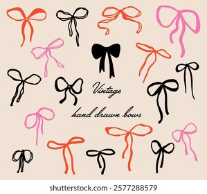 Whimsical hand drawn line bows ribbons in retro vintage style set collection. Decoration wedding gift invitation present party.