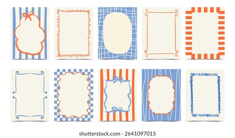 Whimsical hand drawn minimalist vintage frames. Colorful borders, postage stamp with lines, bows, ribbons. Vector template for poster, banner, birthday, invitation, card, menu.