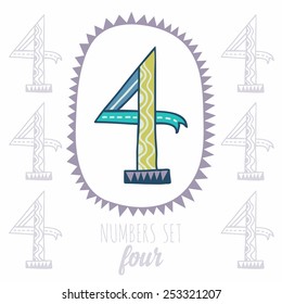 Whimsical hand drawn number 4 four. Hand-drawn numbers. Vector sketch illustration isolated on white background