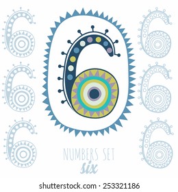Whimsical hand drawn number 6 six. Hand-drawn numbers. Vector sketch illustration isolated on white background