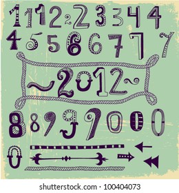 Whimsical Hand Drawn Numbers, from one to zero, with dashes, arrows and a hand drawn rope box