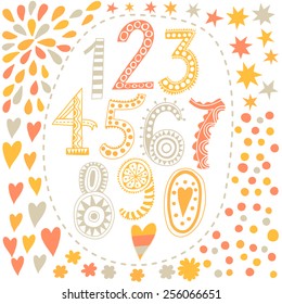 Whimsical hand drawn numbers, from one to zero. Hand-drawn numbers. Vector sketch illustration isolated on white background