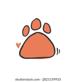 A whimsical hand drawn orange paw print illustration featuring a small heart accent on a white background