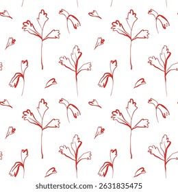 Whimsical hand drawn parsley seamless pattern in red on white background with playful organic line style
