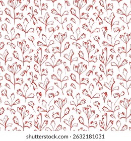 Whimsical hand drawn parsley seamless pattern in red on white background with playful organic line style