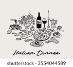 Whimsical hand drawn, quirky style dinner table wedding invitation, restaurant, italian dinner vector