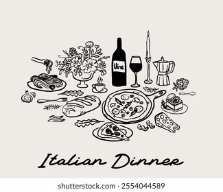 Whimsical hand drawn, quirky style dinner table wedding invitation, restaurant, italian dinner vector