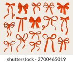 Whimsical hand drawn red bow and ribbon set in coquette and vintage style. Cute and elegant decorative elements for wedding invitations, gifts, christmas and feminine design projects