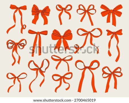 Whimsical hand drawn red bow and ribbon set in coquette and vintage style. Cute and elegant decorative elements for wedding invitations, gifts, christmas and feminine design projects