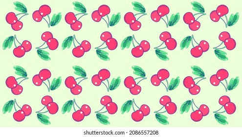 Whimsical hand drawn red cherries vector with seamless pattern background. Colorful summer fruits