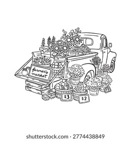 Whimsical hand drawn retro picnic car with wooden crates of vegetables fruits and flowers for farmers market line art illustration