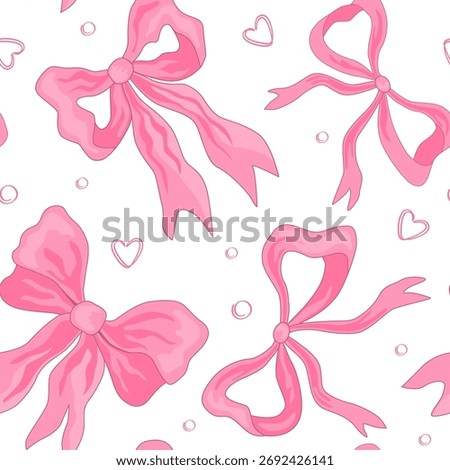 Whimsical Hand Drawn Ribbon Bow Seamless Pattern with hearts. Vector Illustration.