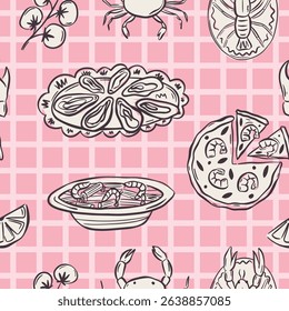 Whimsical hand drawn sea food seamless pattern in trendy whimsical style. Perfect  background for quirky italian wedding holiday, poster cards, dinner and bar menu, fabric, wrapping paper