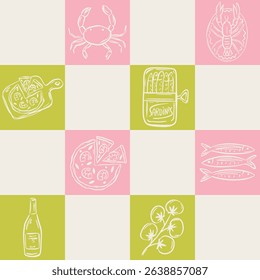 Whimsical hand drawn sea food seamless pattern in trendy whimsical style. Perfect  background for quirky italian wedding holiday, poster cards, dinner and bar menu, fabric, wrapping paper