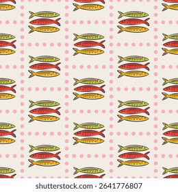 Whimsical hand drawn sea food seamless pattern in trendy whimsical style. Perfect  background for quirky italian wedding holiday, poster cards, dinner and bar menu, fabric, wrapping paper