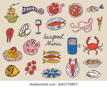Whimsical hand drawn sea food illustrations in trendy whimsical style. Perfect doodle for quirky italian wedding holiday, poster, dinner and bar menu, bachelorette party, birthday invitation, sign