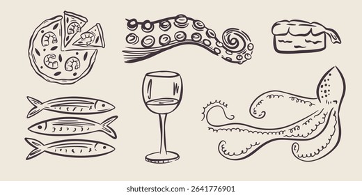 Whimsical hand drawn sea food illustrations in trendy whimsical style. Perfect doodle for quirky italian wedding holiday, poster, dinner and bar menu, bachelorette party, birthday invitation, sign