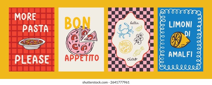 Whimsical hand drawn sea food poster and menu template in trendy whimsical style. Perfect doodle for quirky italian dinner restaurant and cafe, kitchen wall art, poster, party, birthday, sign