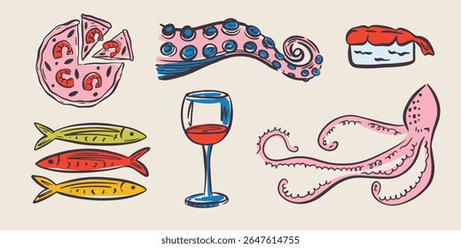 Whimsical hand drawn sea food illustrations in trendy whimsical style. Perfect doodle for quirky italian wedding holiday, poster, dinner and bar menu, bachelorette party, birthday invitation, sign