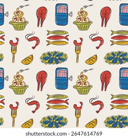 Whimsical hand drawn sea food seamless pattern in trendy whimsical style. Perfect  background for quirky italian wedding holiday, poster cards, dinner and bar menu, fabric, wrapping paper