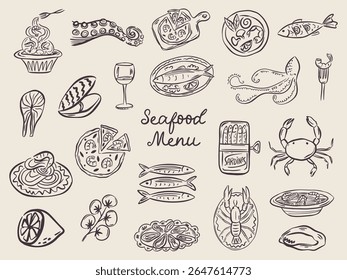 Whimsical hand drawn sea food illustrations in trendy whimsical style. Perfect doodle for quirky italian wedding holiday, poster, dinner and bar menu, bachelorette party, birthday invitation, sign