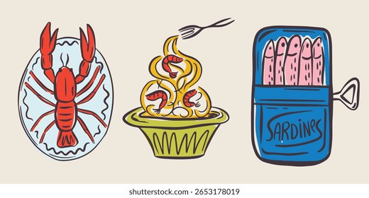 Ilustrações de comida do mar desenhadas à mão em estilo caprichoso na moda. Doodle perfeito para feriado de casamento italiano peculiar, cartaz, jantar e menu de bar, despedida de solteira, convite de aniversário, assinar