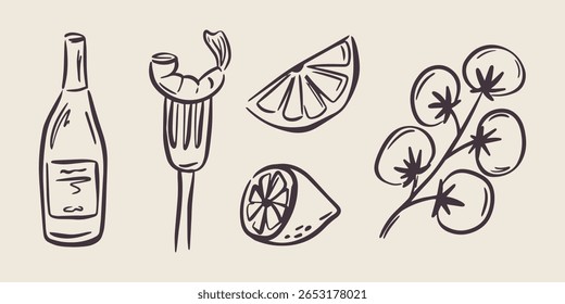 Ilustrações de comida do mar desenhadas à mão em estilo caprichoso na moda. Doodle perfeito para feriado de casamento italiano peculiar, cartaz, jantar e menu de bar, despedida de solteira, convite de aniversário, assinar