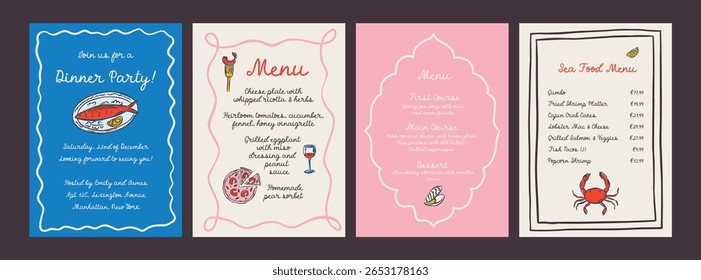 Cartaz de comida de mar desenhado à mão e modelo de menu em estilo moderno e caprichoso. Doodle perfeito para jantar italiano peculiar restaurante e café, arte da parede da cozinha, cartaz, festa, aniversário, sinal