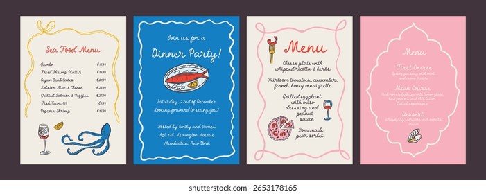 Cartaz de comida de mar desenhado à mão e modelo de menu em estilo moderno e caprichoso. Doodle perfeito para jantar italiano peculiar restaurante e café, arte da parede da cozinha, cartaz, festa, aniversário, sinal