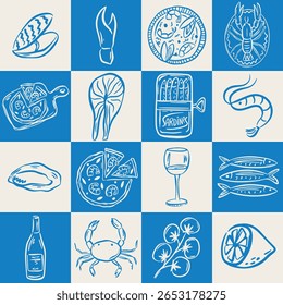 Mão whimsical desenhado mar comida padrão sem costura no estilo caprichoso moderno. Fundo perfeito para feriado de casamento italiano peculiar, cartões de pôster, jantar e menu de bar, tecido, papel de embalagem