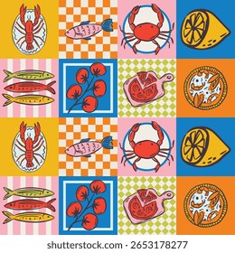 Mão whimsical desenhado mar comida padrão sem costura no estilo caprichoso moderno. Fundo perfeito para feriado de casamento italiano peculiar, cartões de pôster, jantar e menu de bar, tecido, papel de embalagem