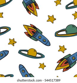 Whimsical hand drawn seamless vector pattern with lovely planets,moon and rockets. Kids themed colorful wallpapers,wrapping paper or background.