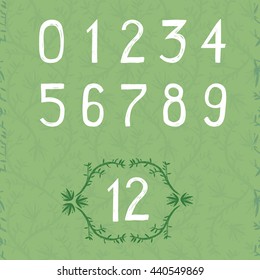 Whimsical hand drawn set of numbers with seamless floral pattern with leaves and flowers motive on the background. Vector sketch illustration.