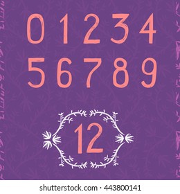 Whimsical hand drawn set of numbers with seamless floral pattern with leaves and flowers motive on the background. Vector sketch illustration.